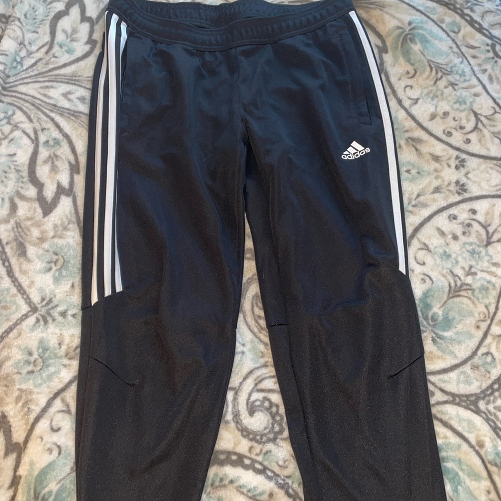 Black with white stripped adidas joggers